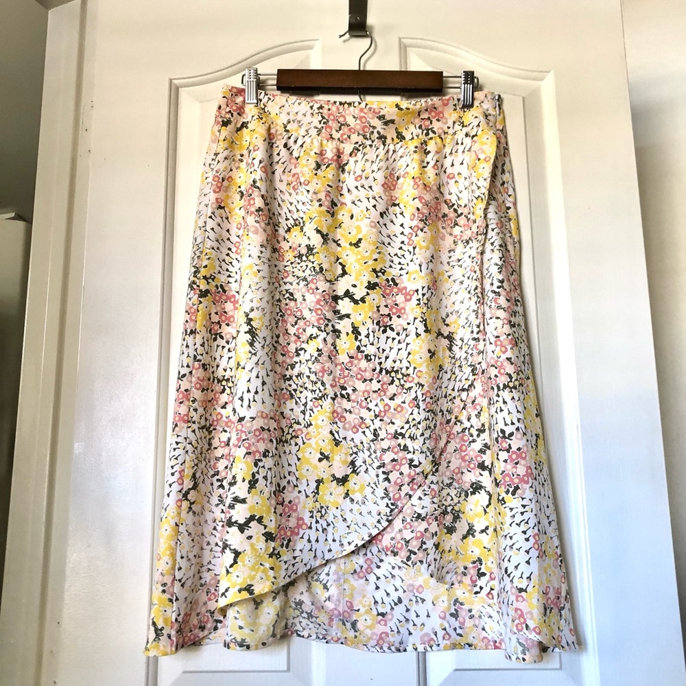 NWOT LOFT Floral Wrap Midi Skirt in Yellow, Pink & White